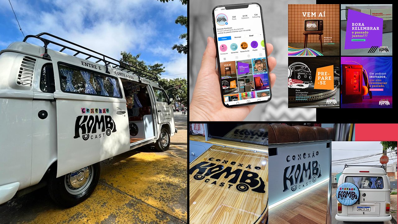 Projeto de identidade visual da empresa Conexão Kombicast, contém Kombi branca com adesivo da logo (a escrita KOMBI forma a silhueta de uma kombi, e a palavra conexão fica em cima dentro de quadrados coloridos) a logo está aplicada em uma mesa de podcast de madeira dentro da Kombi,aplicação da identidade visual nas redes sociais