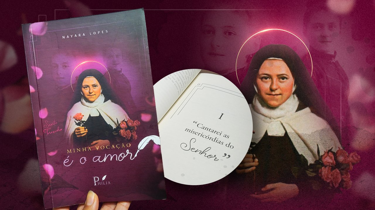 Livro com tons de vinho e rosa, com fotos de Santa Teresinha, 1 centralizada colorida, a Santa está com vestes pretas e brancas como uma freira e carrega uma flor rosa, atrás da foto principal duas fotos de Santa Teresinha jovem em preto e branco, pétalas rosas caem em volta, e o título vem embaixo: Minha Vocação em letras retas com serifa, e em fonte cursiva: É o amor