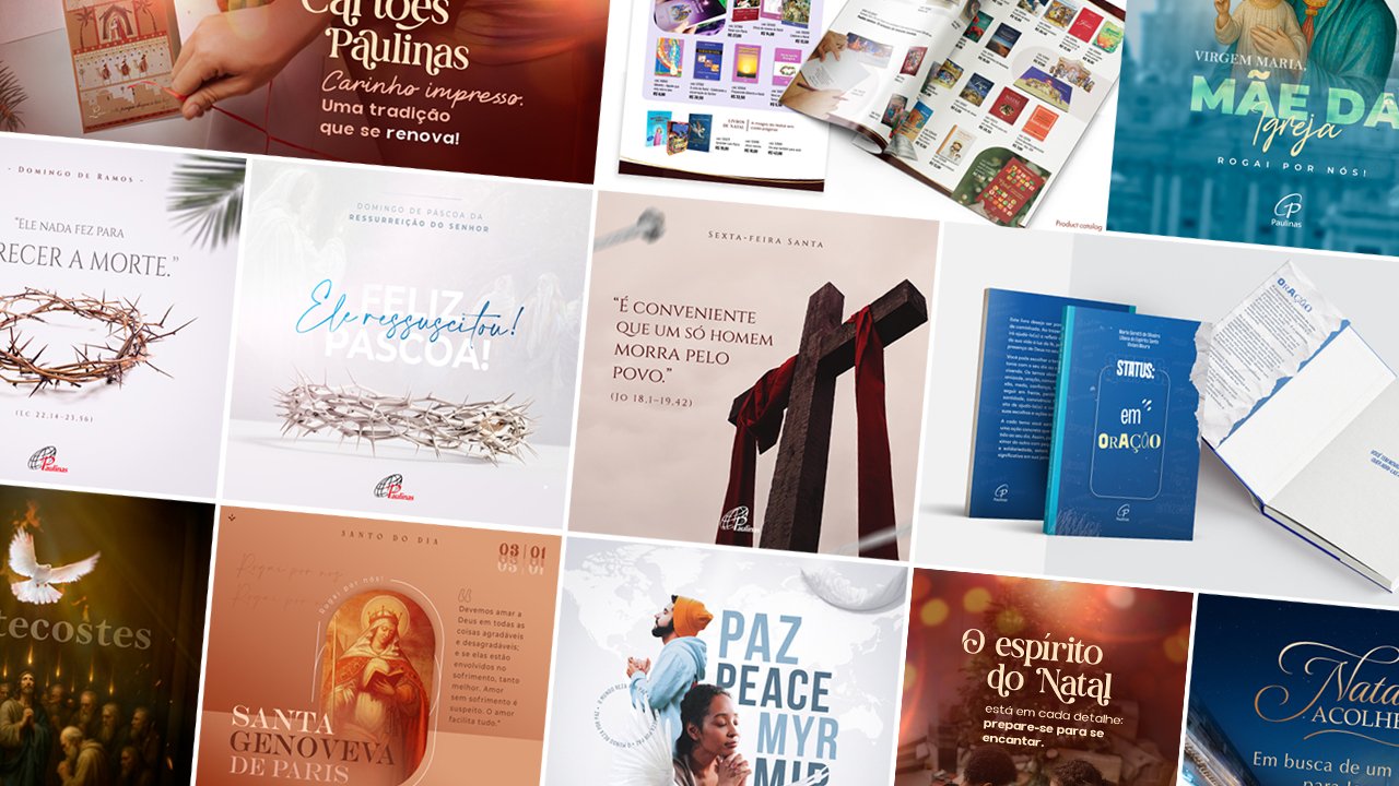 Seleção de diferentes projetos realizados na empresa Paulinas, posts de instagram de datas religiosas, Páscoa, Paixão de Cristo, domingo de ramos. Livro Status em oração diagramado, catálogo de produtos de natal